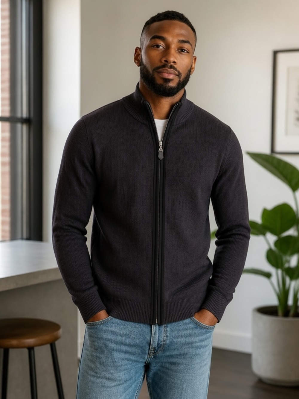 tagio Dark Brown Full-Zip Ribbed Wool Blend Cardigan Sweater Mock Neck Size L